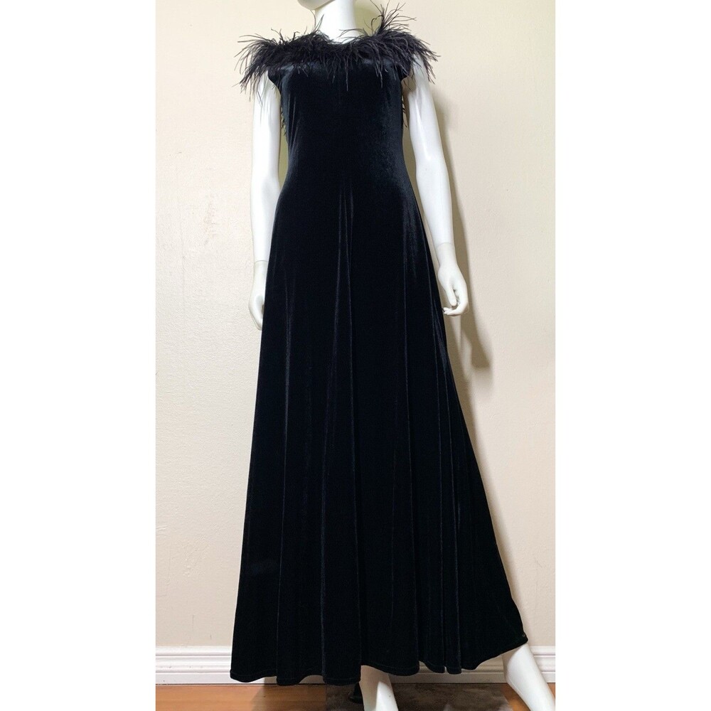 Vintage 90s Jeffrey & Dara Evening Velvet Full Length Dress 12 Ostrich Feather